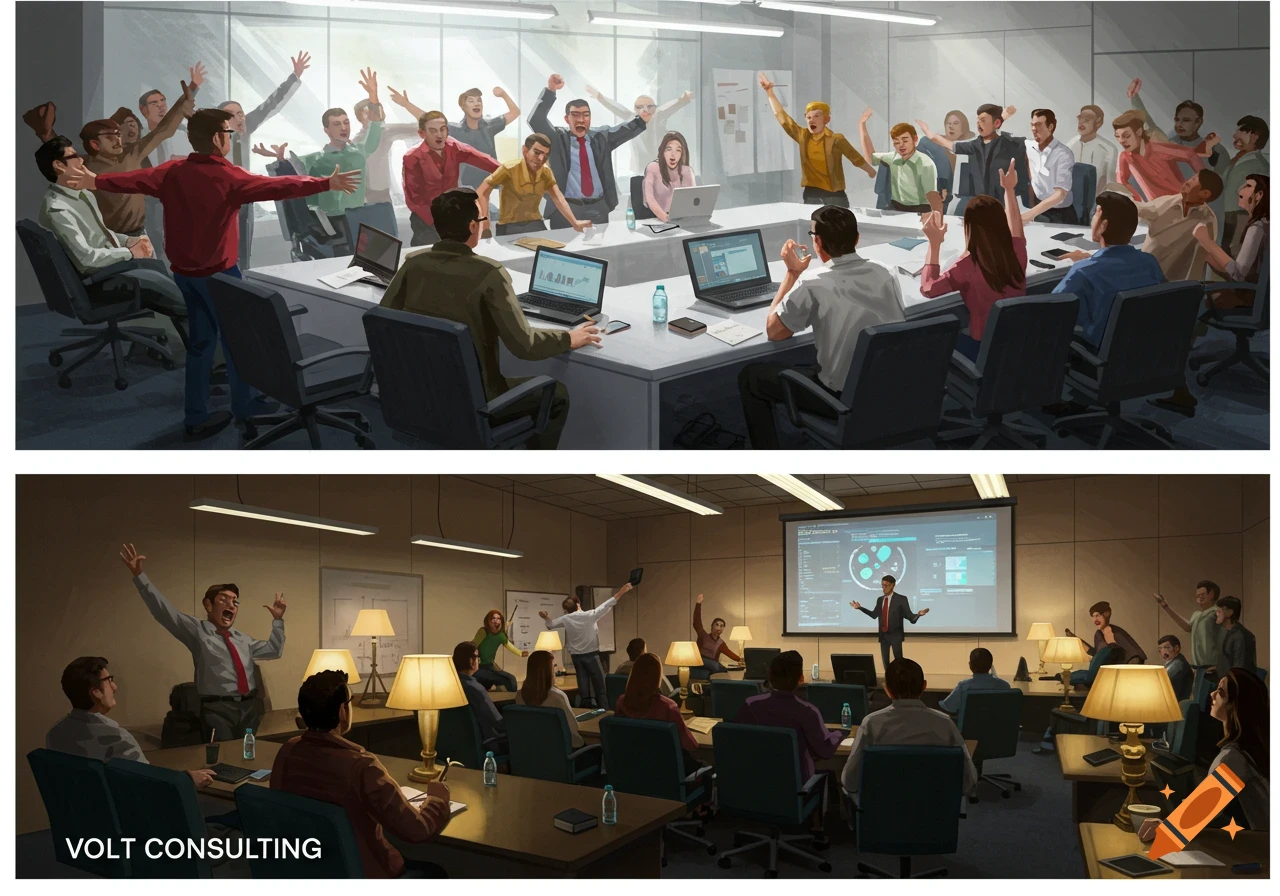 Two contrasting illustrative office scenes: an agitated meeting and a calm presentation by Volt Consulting.