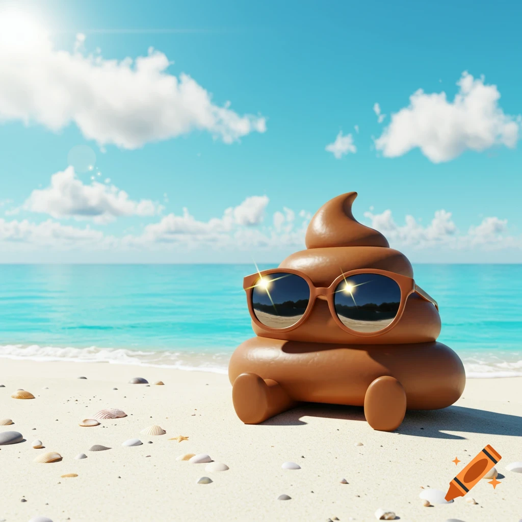 A brown poop emoji wearing sunglasses sits on a sandy beach by a turquoise ocean under a blue sky.