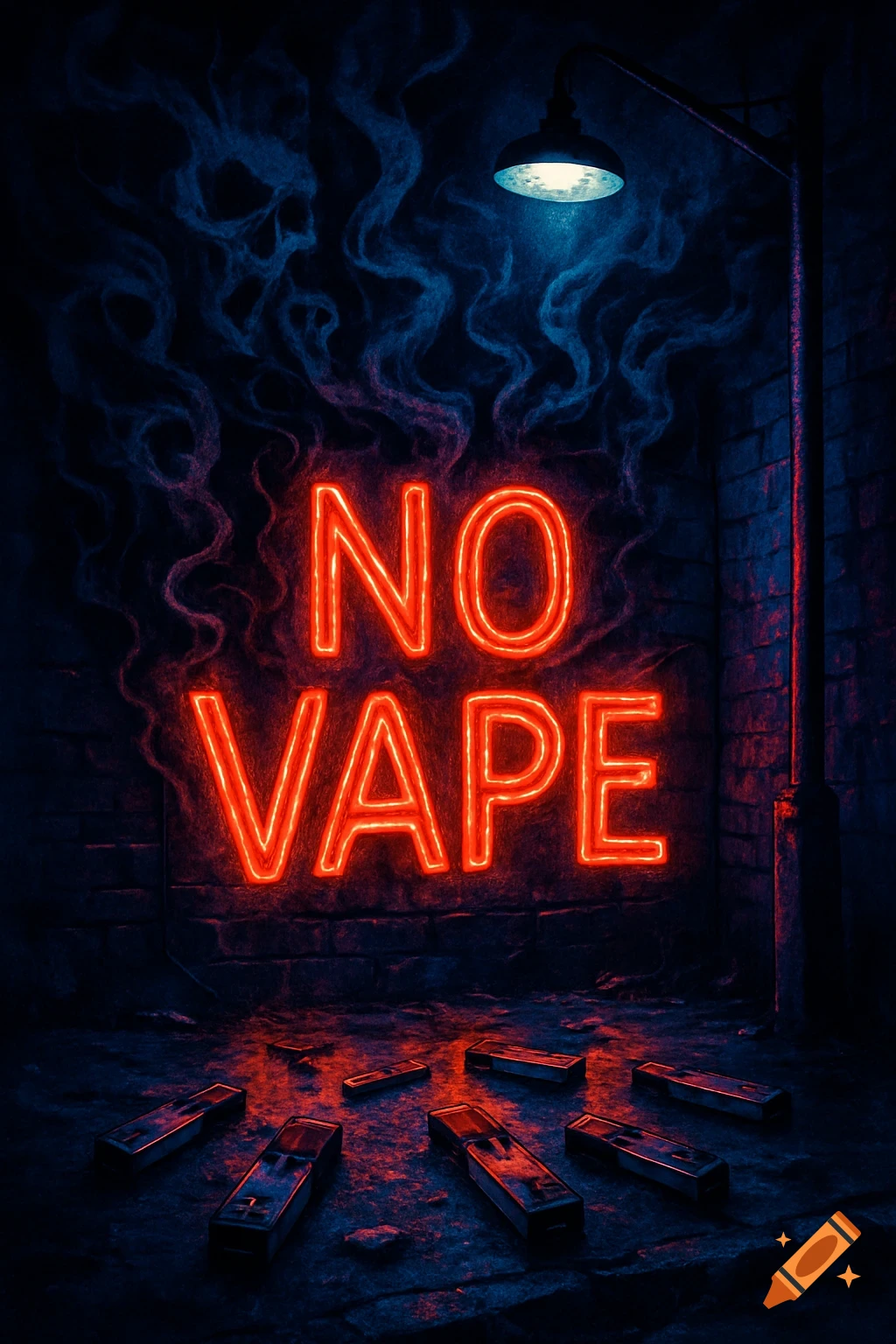Red neon 'NO VAPE' sign on a dark alley wall, discarded vape pens on the ground, with blue smoky skull-like patterns.