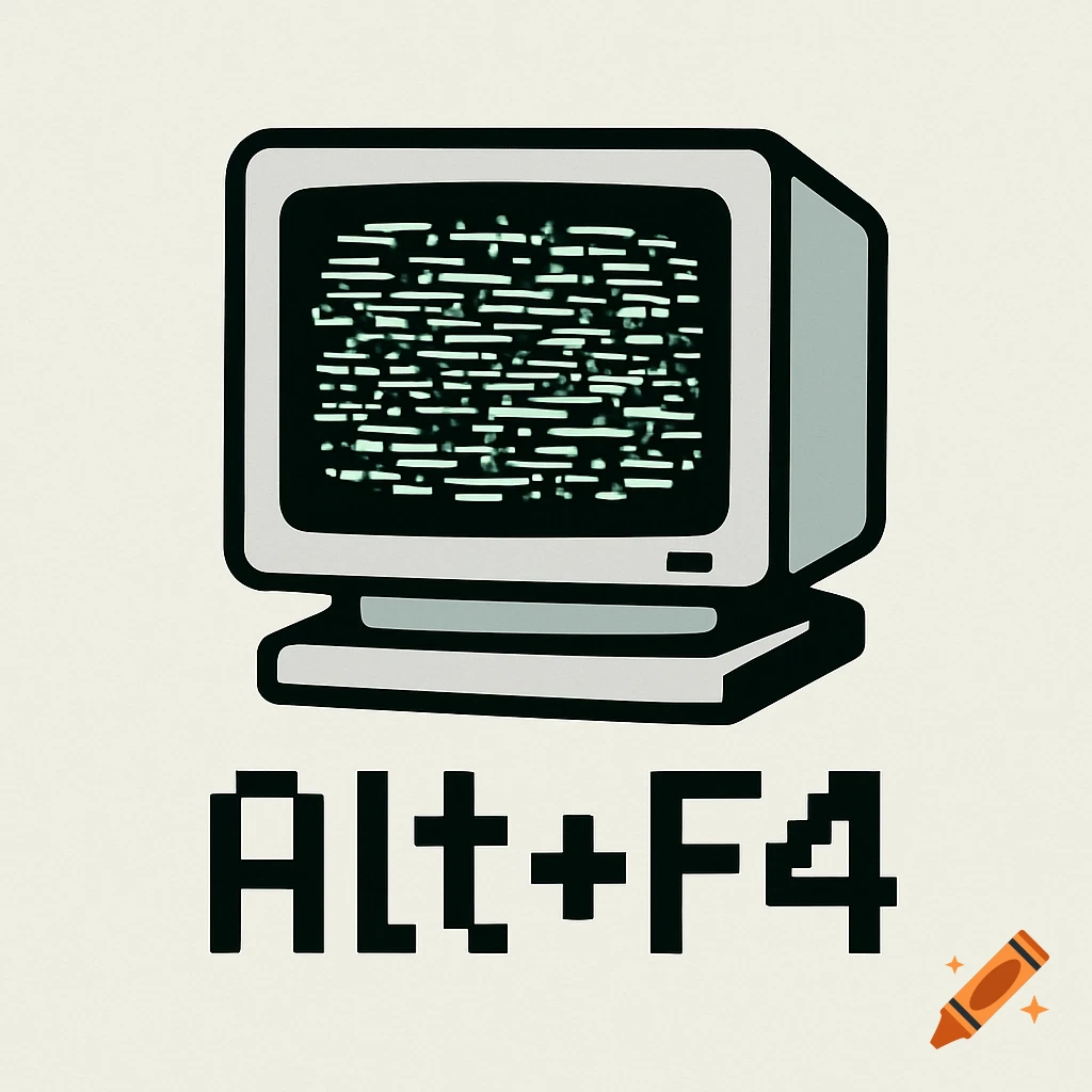 Minimalist pixel art illustration of a retro computer monitor showing static, with 'Alt+F4' text below.