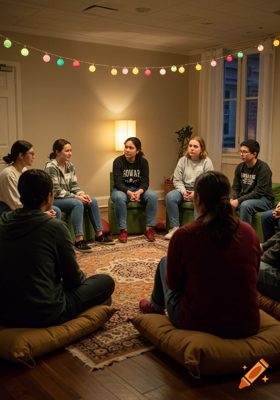 A diverse group of young adults sits in a circle in a warmly lit room, engaging in a discussion. Photorealistic.