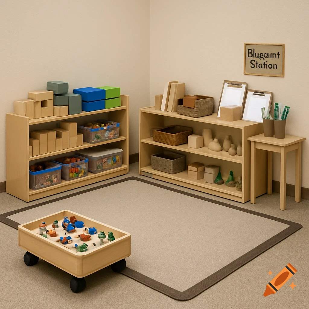 A neat early childhood education classroom with wooden shelves filled with blocks, toys, and a blueprint station, on a light brown carpet.