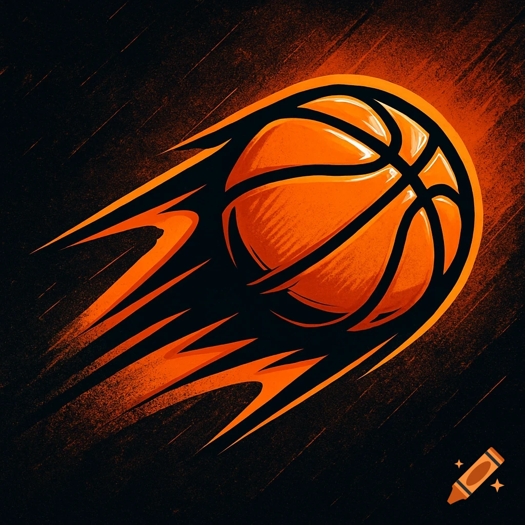 Stylized orange basketball logo with speed lines against a dark background.