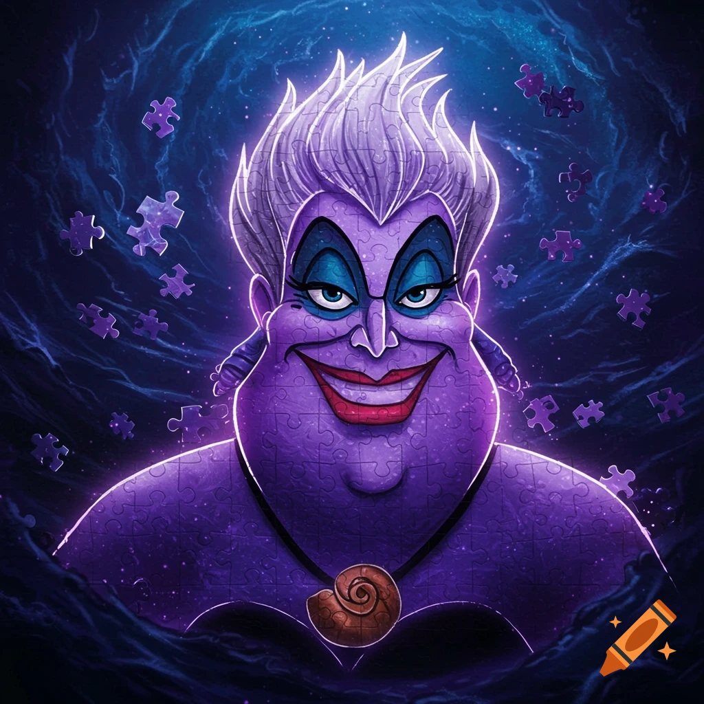 Stylized portrait of Ursula from The Little Mermaid, composed of purple puzzle pieces, against a swirling dark blue background.