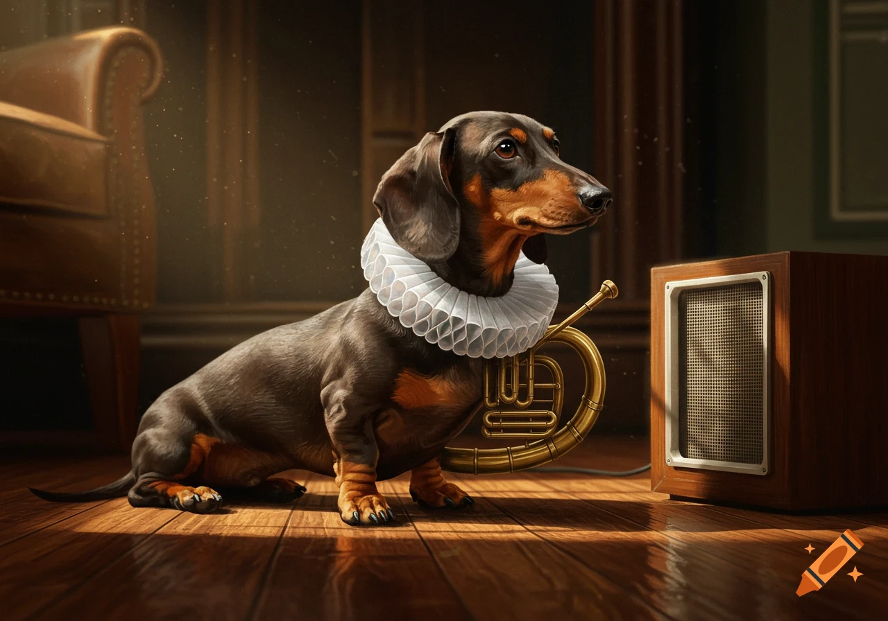 A photorealistic dachshund wearing an Elizabethan collar sits by a French horn and speaker on a wooden floor.