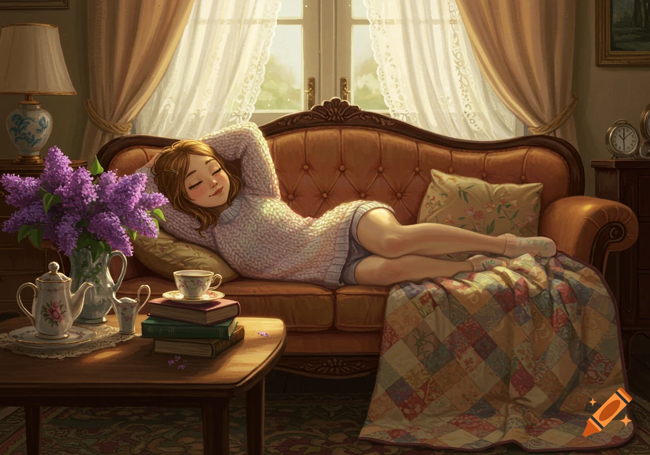 A cozy illustration of a girl in a sweater relaxing on an orange couch, surrounded by lilacs, books, and tea.