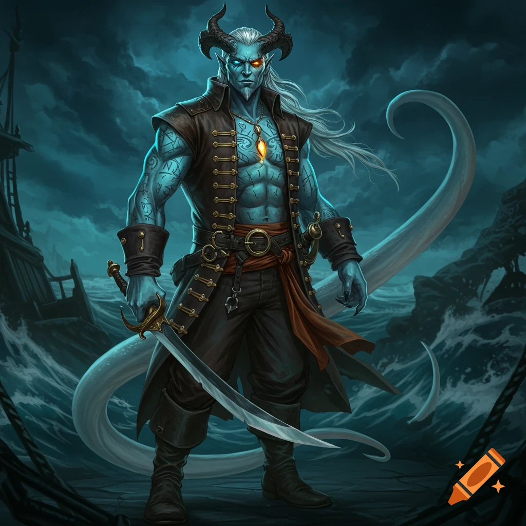 A demonic pirate captain with pale teal skin, horns, white hair, and heterochromic eyes, holding a sword on a stormy sea.
