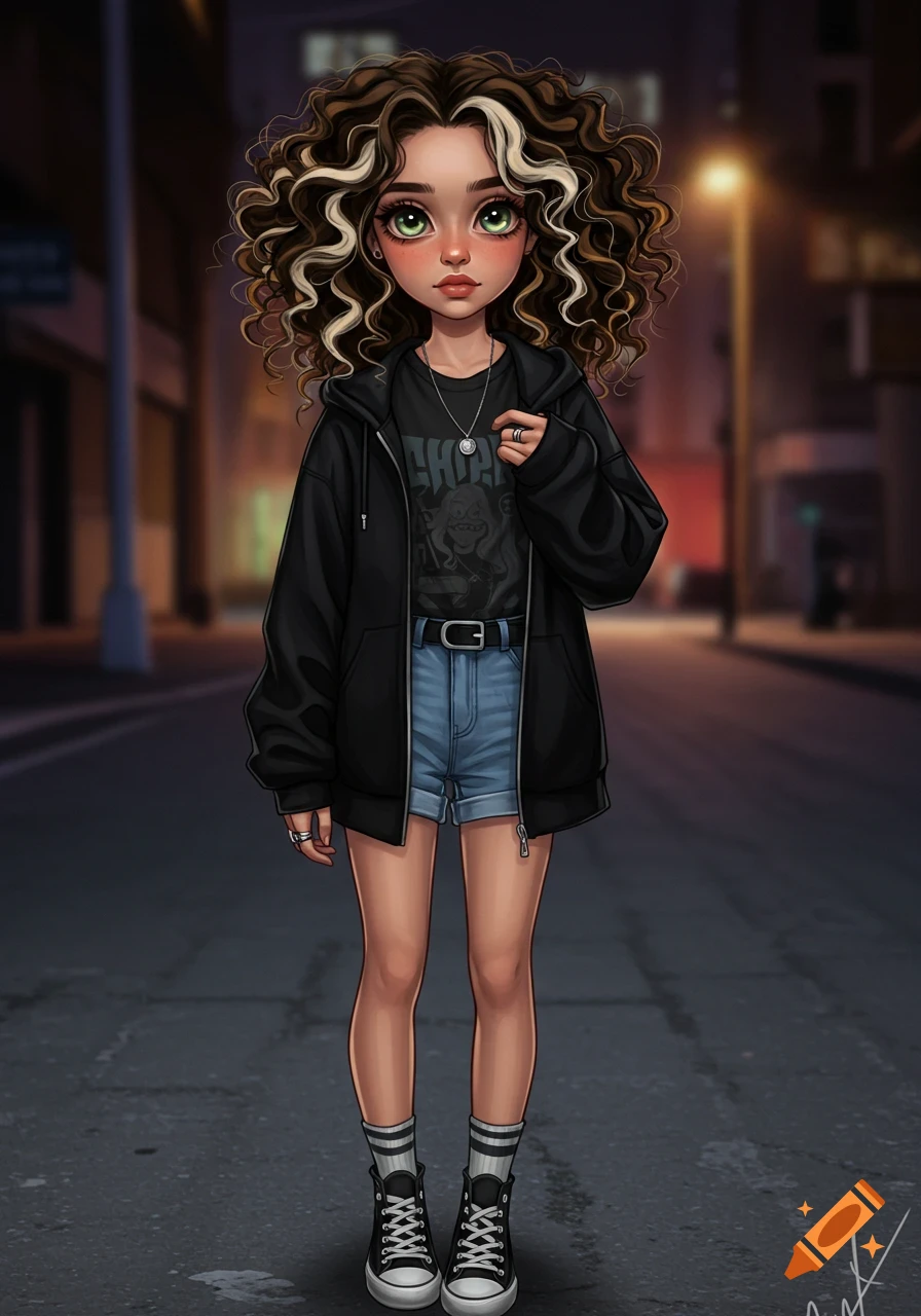 Cartoonish girl with curly brown and white hair, green eyes, black hoodie, denim shorts, high-top sneakers on an urban street.