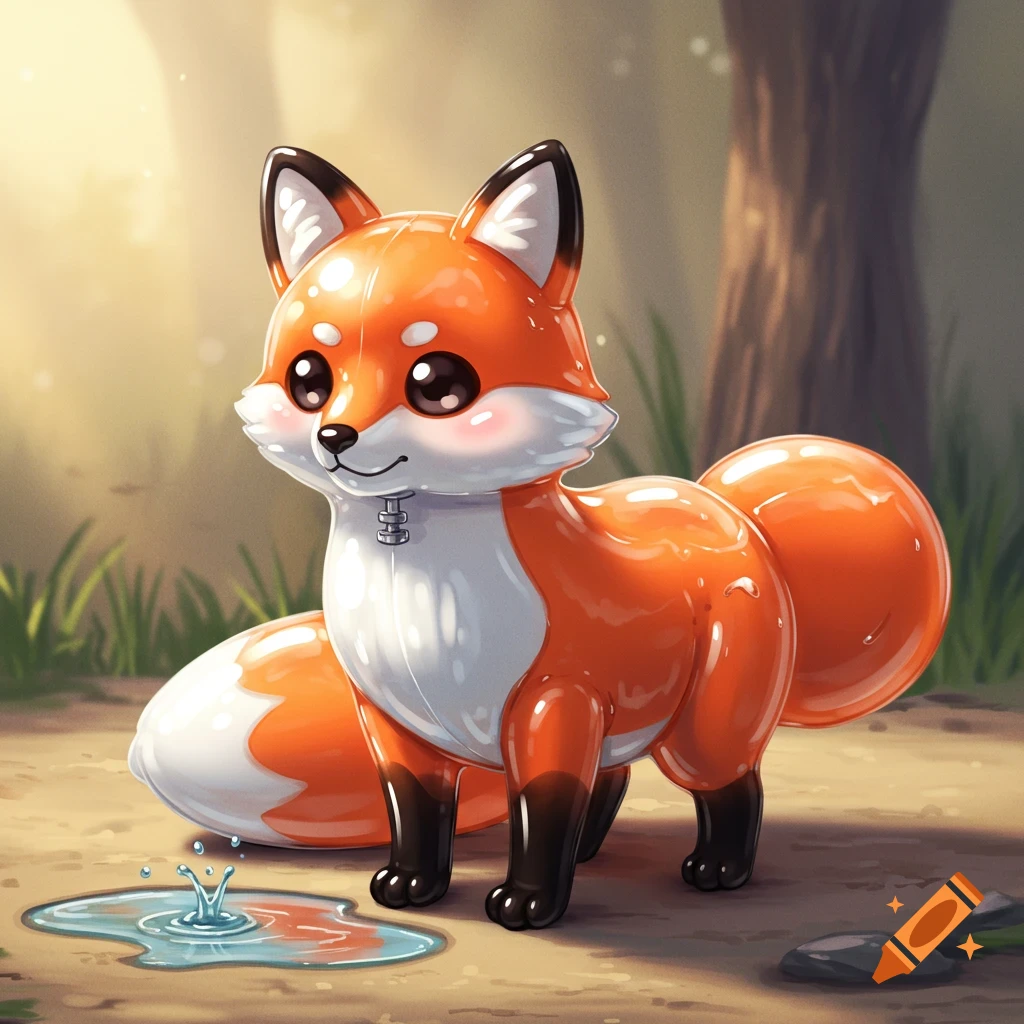 A cute, shiny, cartoonish inflatable fox with big eyes stands by a splashing puddle in a sunny, cheerful forest.
