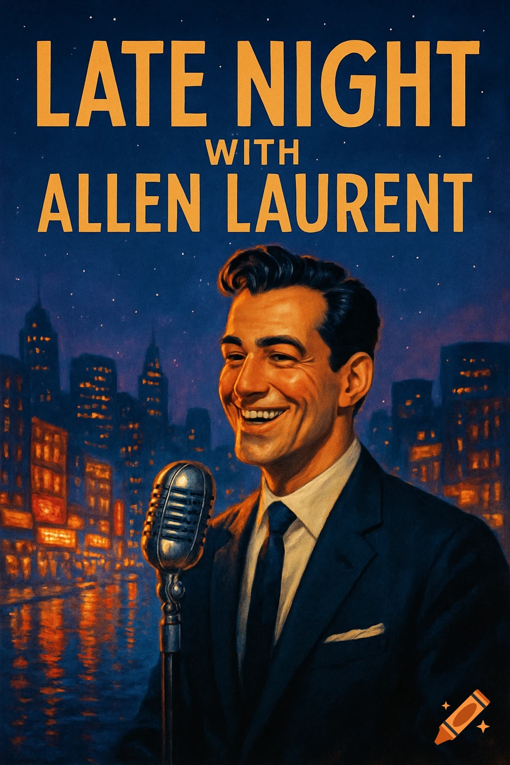 A vintage-style poster shows a smiling man in a suit at a microphone in front of a nighttime cityscape. Text reads "Late Night with Allen Laurent".