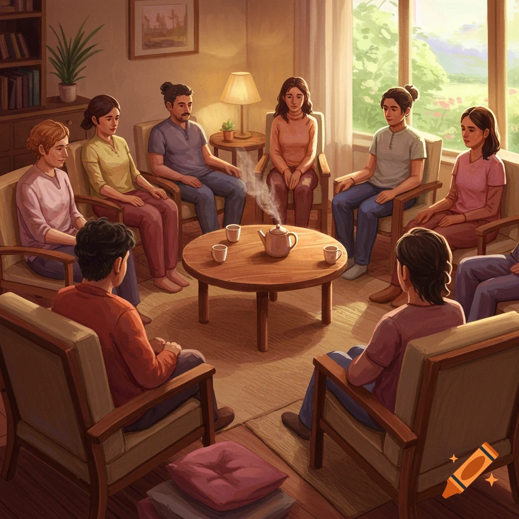 Diverse adults sit in a cozy room, gathered in a circle around a teapot, in a warm digital illustration style.