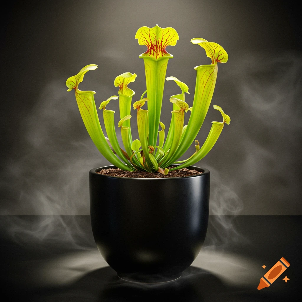A vibrant Sarracenia flava pitcher plant in a black pot, surrounded by a subtle mist against a dark background, photorealistic style.