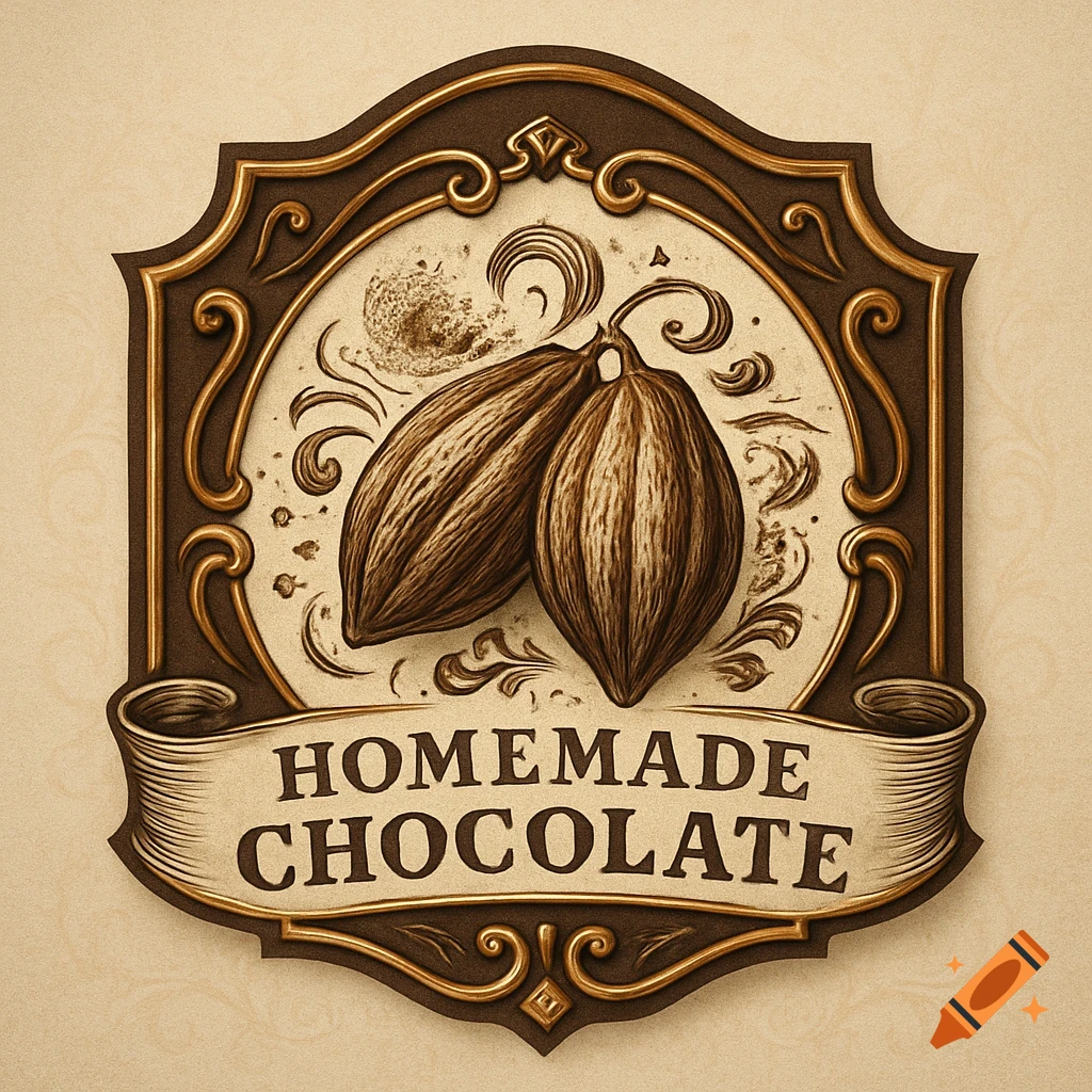 Vintage emblem with cocoa pods and ornate scrolls, featuring a banner with 'HOMEMADE CHOCOLATE'.