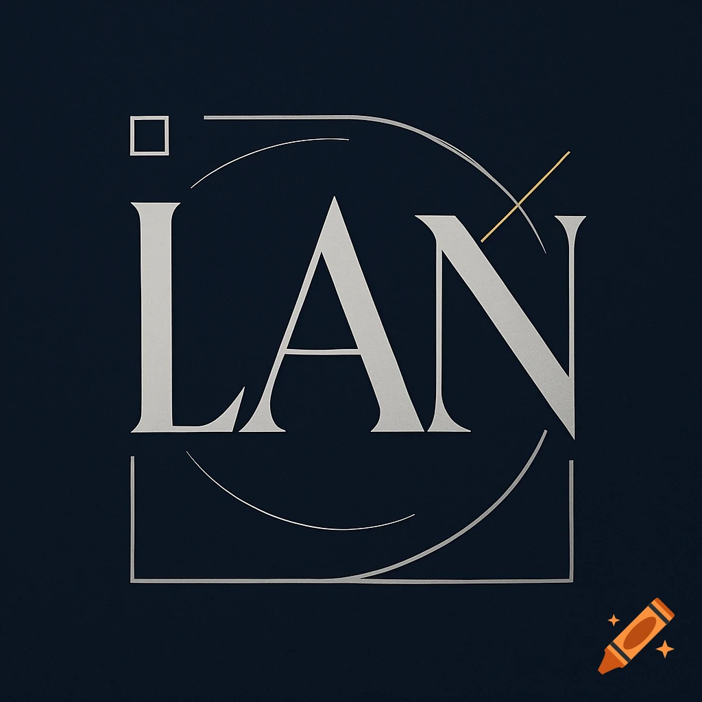 A cool and smart logo with the letters 'LAN' in a stylish serif font, surrounded by abstract lines on a dark blue background.