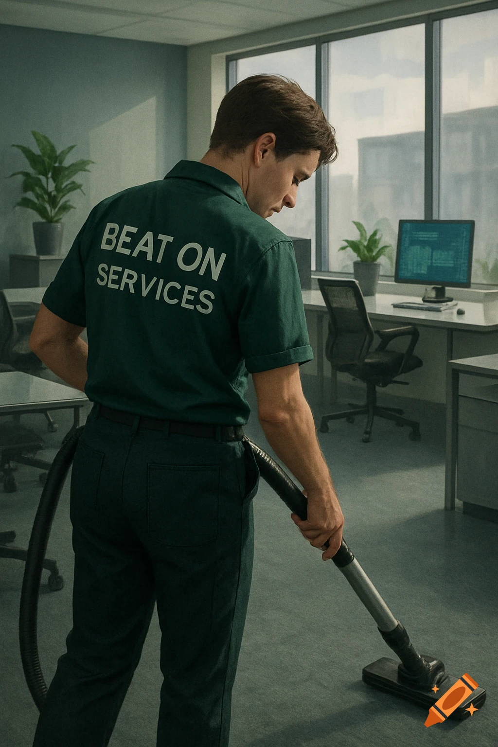 Man in dark green uniform vacuums an office. Shirt reads 'BEAT ON SERVICES'. Photorealistic.