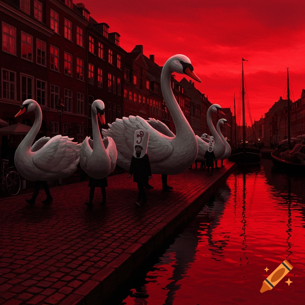People in large white swan costumes walk along a cobblestone street next to a canal in Copenhagen under a dramatic red sky.