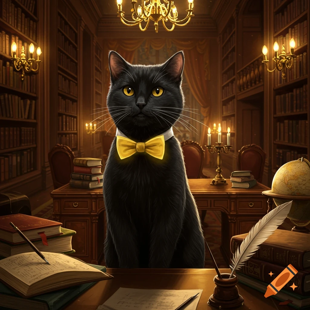 A black cat wearing a glowing yellow bow tie sits at a grand wooden desk in a warm, dimly lit library, surrounded by books and papers.