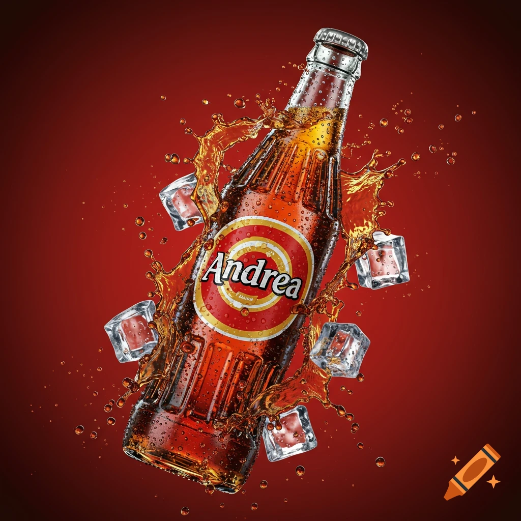 A hyperrealistic soda bottle labeled 'Andrea' splashing with ice cubes against a warm red gradient background.