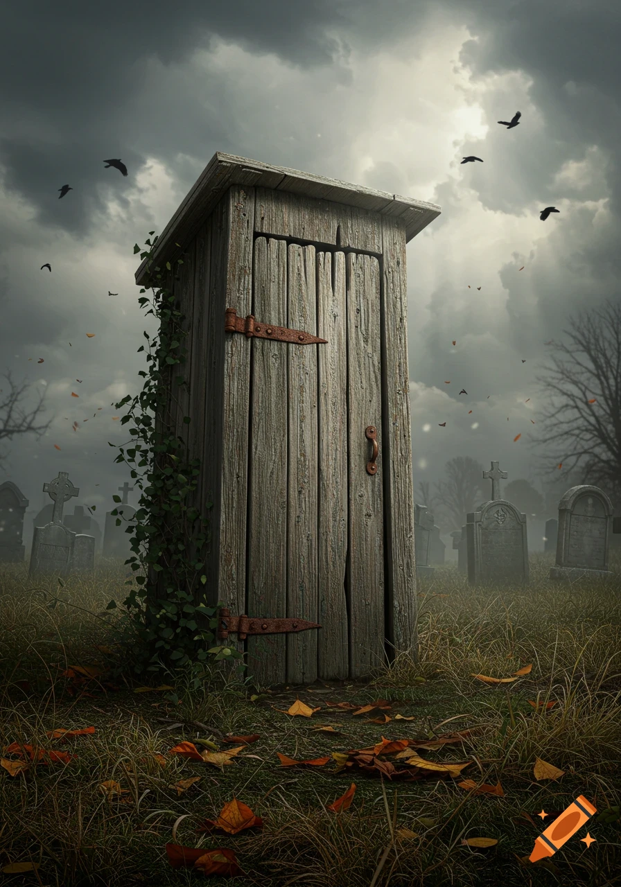 A weathered wooden outhouse with ivy in a misty, overgrown cemetery under a dark, stormy sky, with gravestones and flying crows.