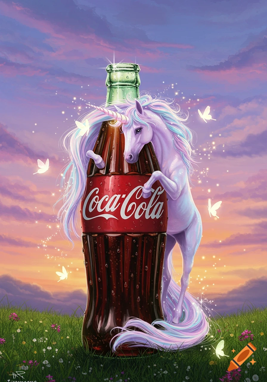A fantasy illustration of a pastel unicorn embracing a Coca-Cola bottle in a field at sunset, with sparkling butterflies.