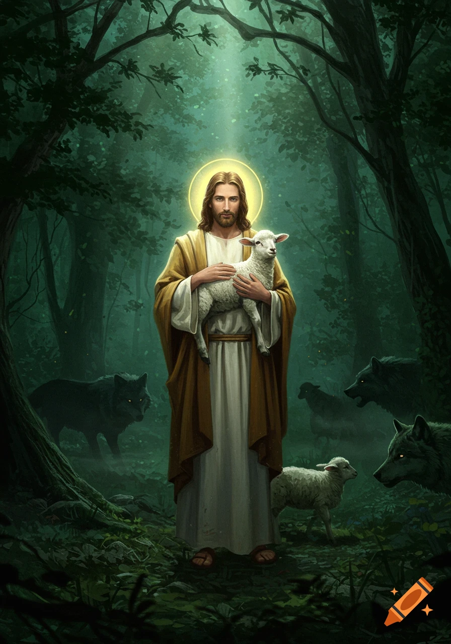Digital painting of Jesus holding a lamb in a dark forest, surrounded by shadowy wolves with glowing eyes.