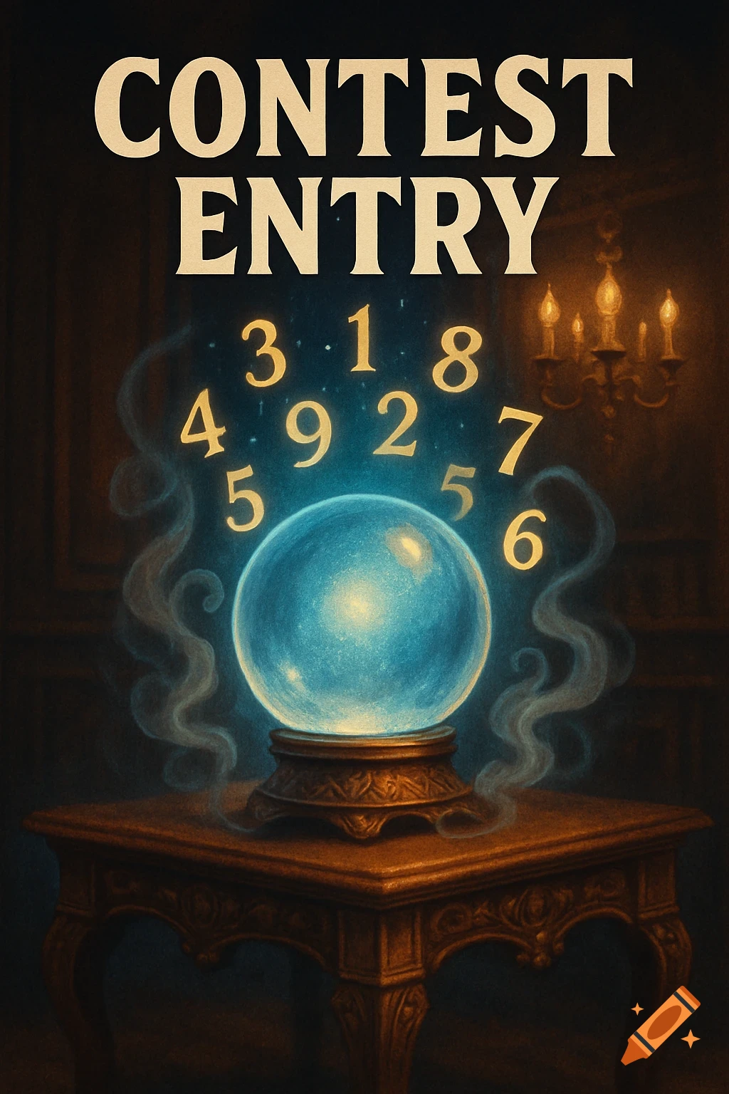 An illustrated image of a glowing blue crystal ball on an ornate wooden table, with floating numbers and "CONTEST ENTRY" text above.