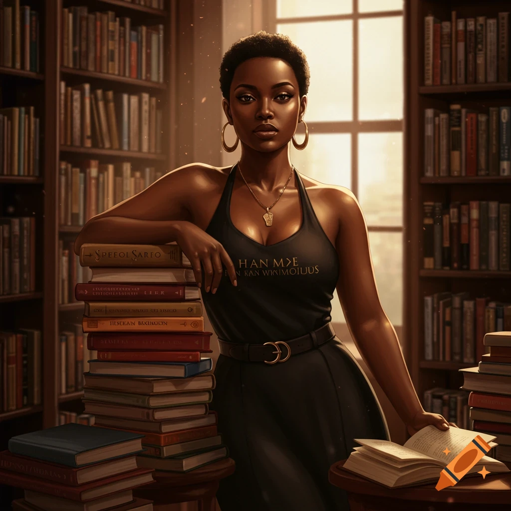 A photorealistic portrait of a Black woman with short hair and large hoop earrings, wearing a black top, leaning on a stack of books in a library, holding an open book.
