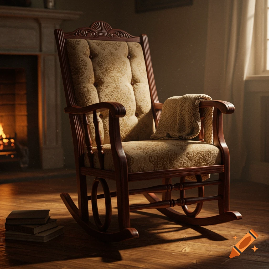 Photorealistic ornate wooden rocking chair with patterned upholstery and a blanket, beside a lit fireplace and books on a wooden floor.