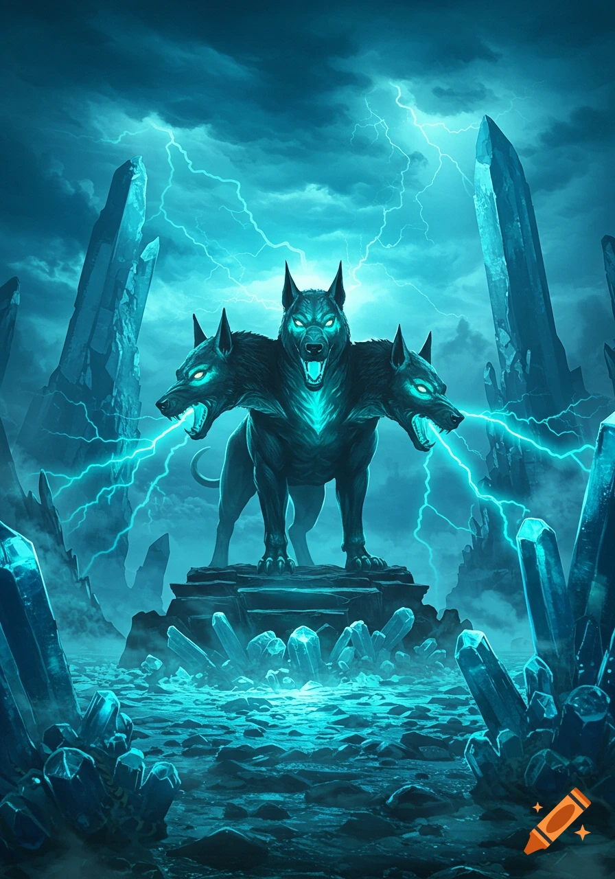 A three-headed black Cerberus with glowing blue eyes emits lightning, standing in a stormy, crystal-filled blue fantasy landscape.