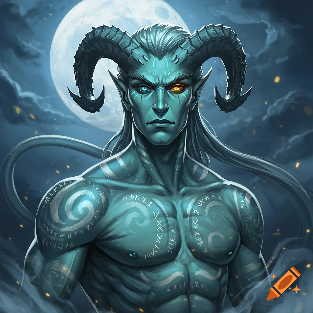 A concept illustration of a male demon with teal skin, ram horns, pointed ears, heterochromic eyes (blue and amber), and glowing runic tattoos on his muscular torso, against a full moon and dark sky.