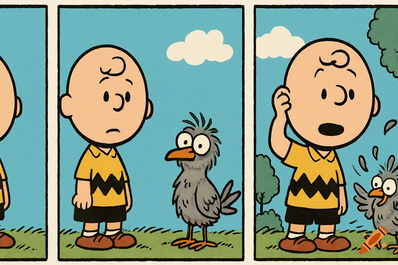 A three-panel Peanuts comic strip. Charlie Brown looks at a shaggy bird, then reacts with surprise as the bird moves.