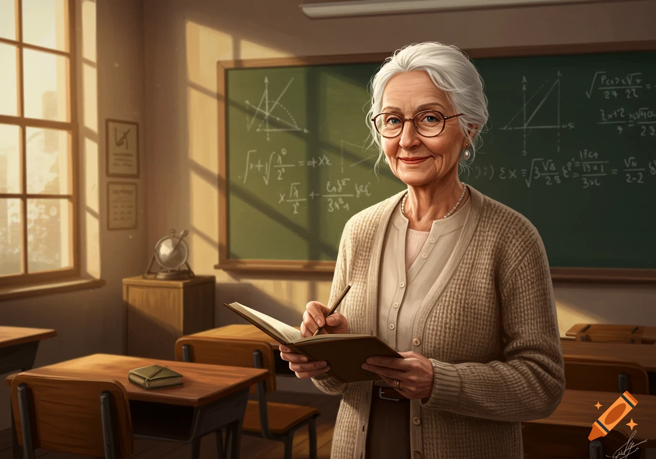 An elderly female math teacher with glasses smiles while writing in a book in a sunlit classroom with equations on the blackboard.