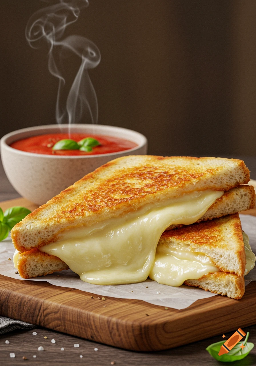 A close-up, photorealistic image of a gooey grilled cheese sandwich with a bowl of steaming tomato soup in the background, set on a wooden board.