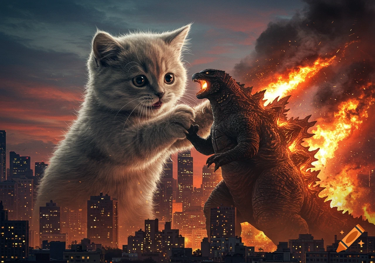 A giant fluffy kitten stands in a burning cityscape, confronting Godzilla. The kitten looks wide-eyed while Godzilla roars with fire.