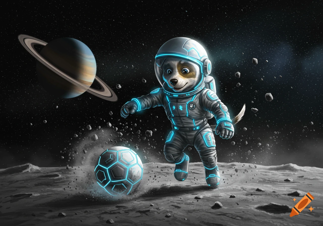 A cartoon dog in a glowing astronaut suit plays soccer on a rocky moon surface with Saturn in the starry background.