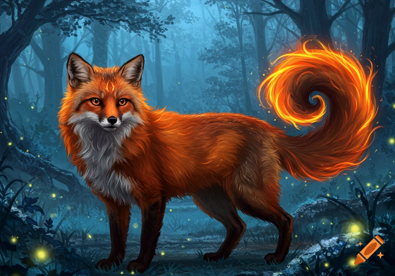 A mythical orange fox with a swirling fiery tail stands in a dark, misty forest with glowing plants.