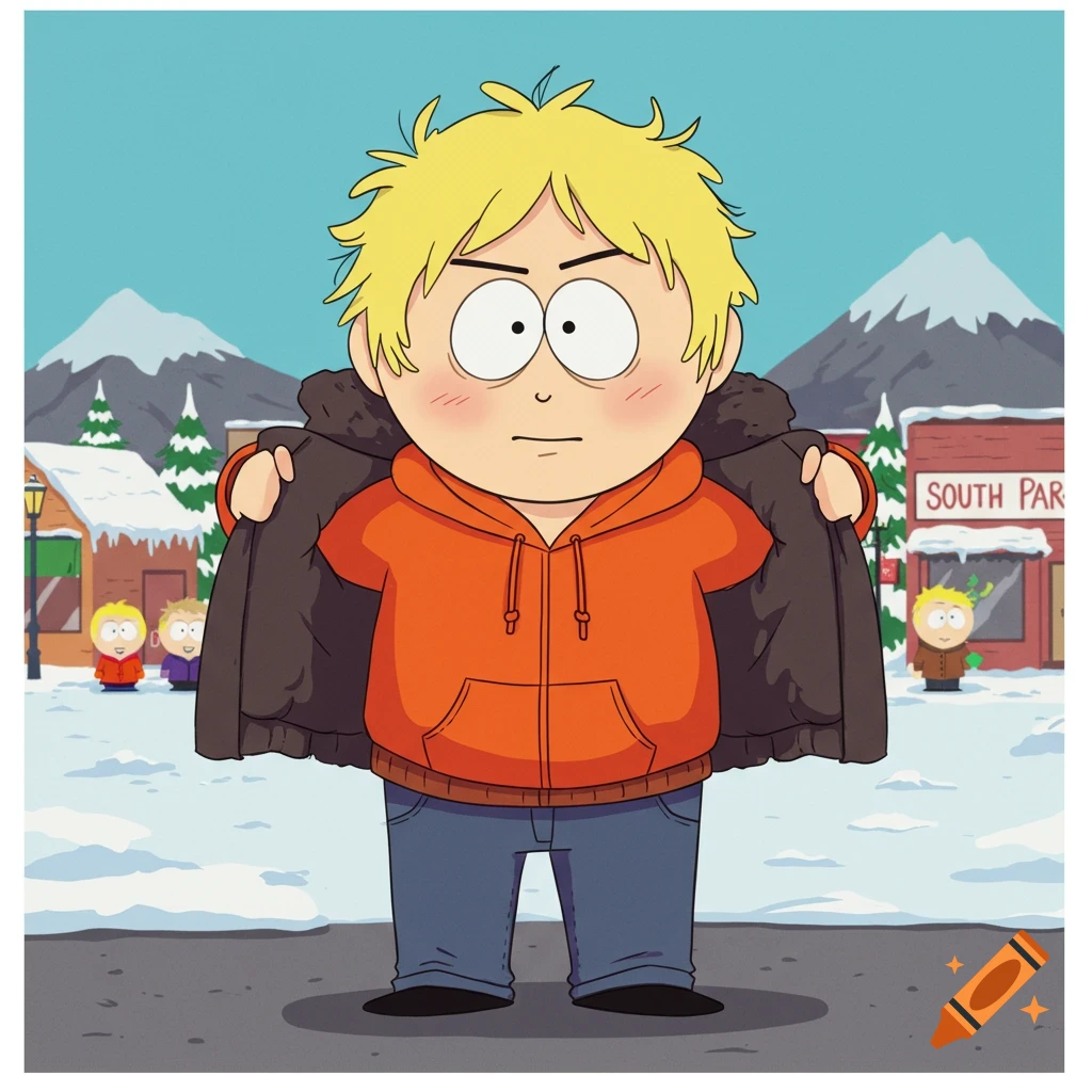 Kenny from South Park, with blond hair, stands in a snowy town, wearing an orange hoodie and jeans, holding open a brown parka.