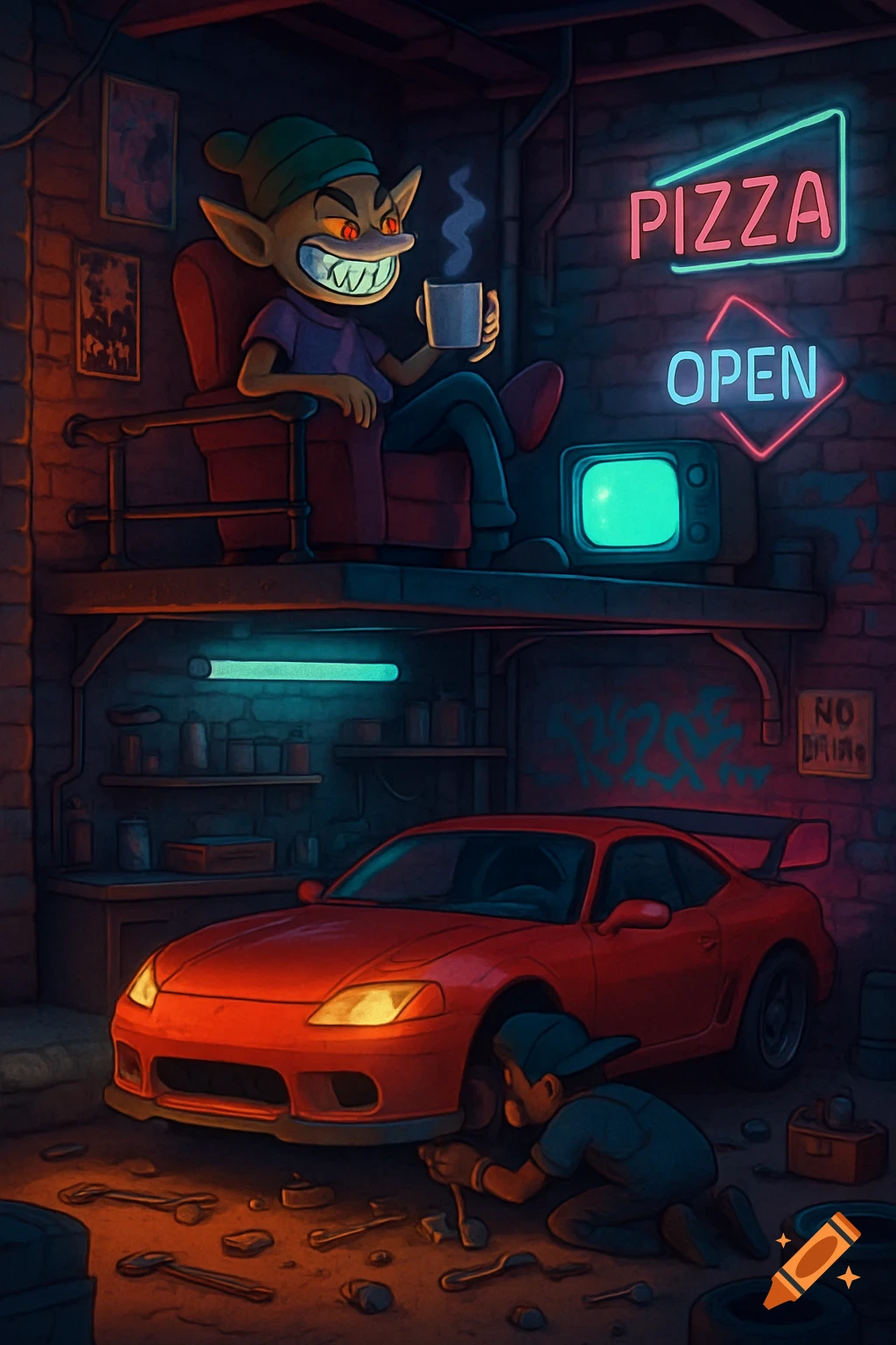 Detailed cartoon scene of a goblin-like character lounging in an urban garage loft, with neon signs and a person working on a red sports car below.