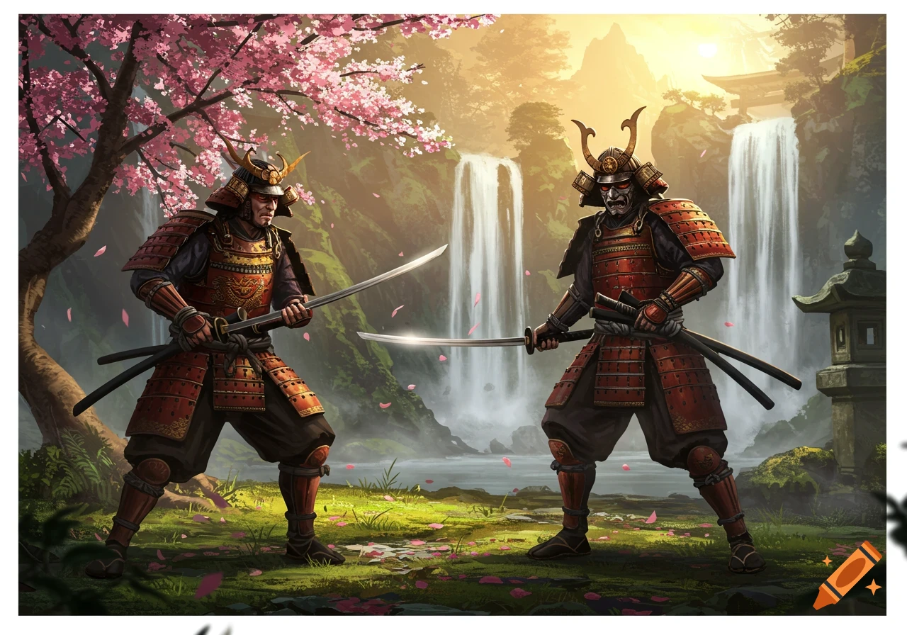Two armored samurais with katanas drawn, facing each other under cherry blossoms with waterfalls in a vibrant Japanese landscape.