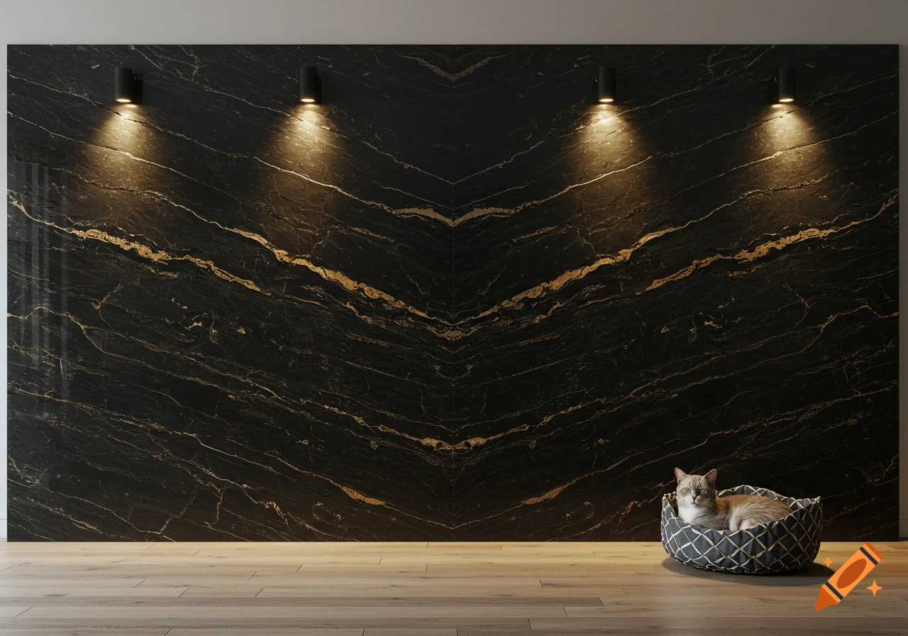 A gray cat rests in a woven basket on a wooden floor, set against a luxurious black marble wall with gold veins, illuminated by spotlights.
