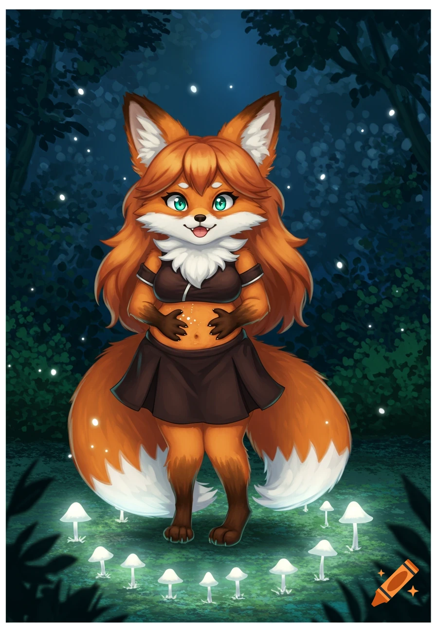 Anime-style fox girl holding her stomach with a pout, looking hungry in a whimsical magical forest clearing with glowing mushrooms.