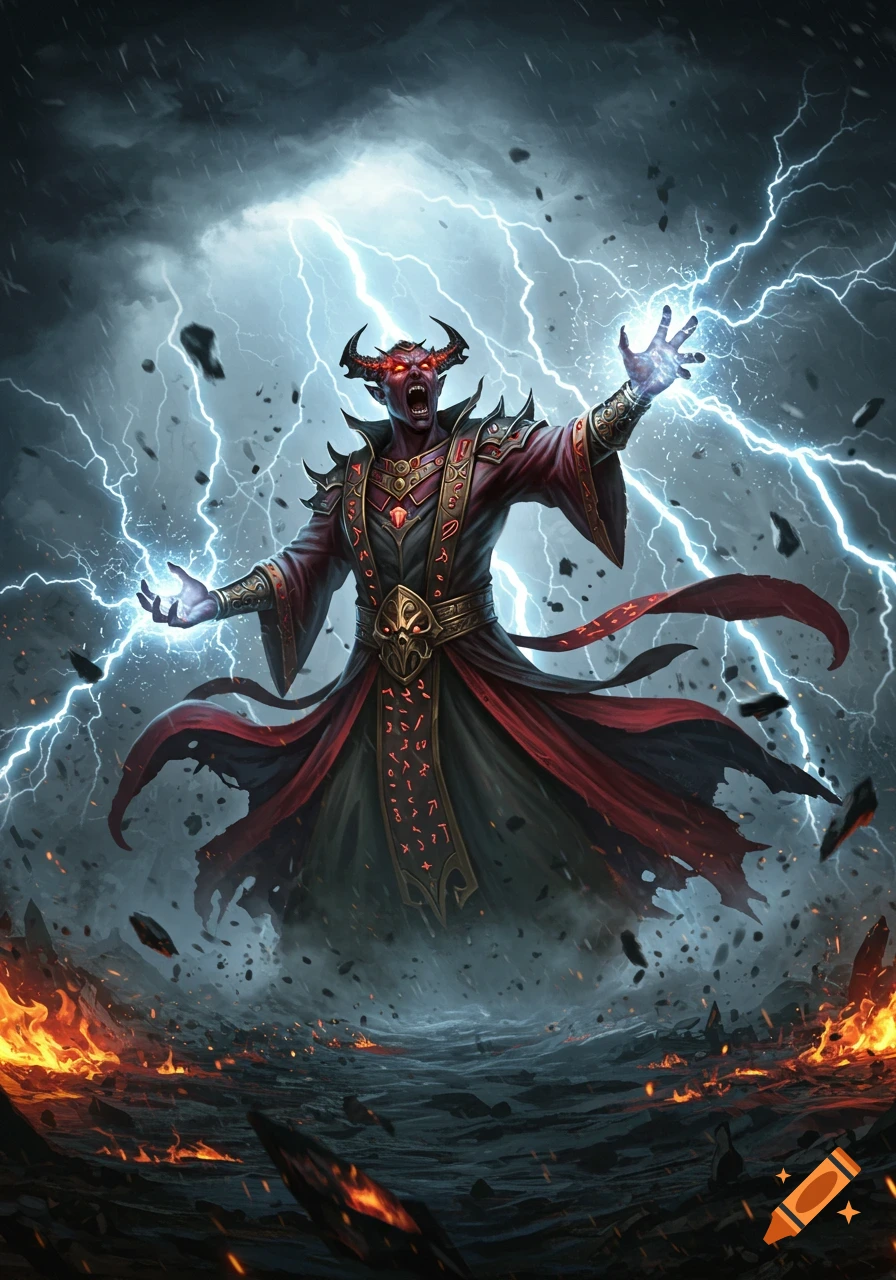 A demonic sorcerer with glowing red eyes and horns, robed in black and red, unleashes lightning and fire spells in a stormy landscape.
