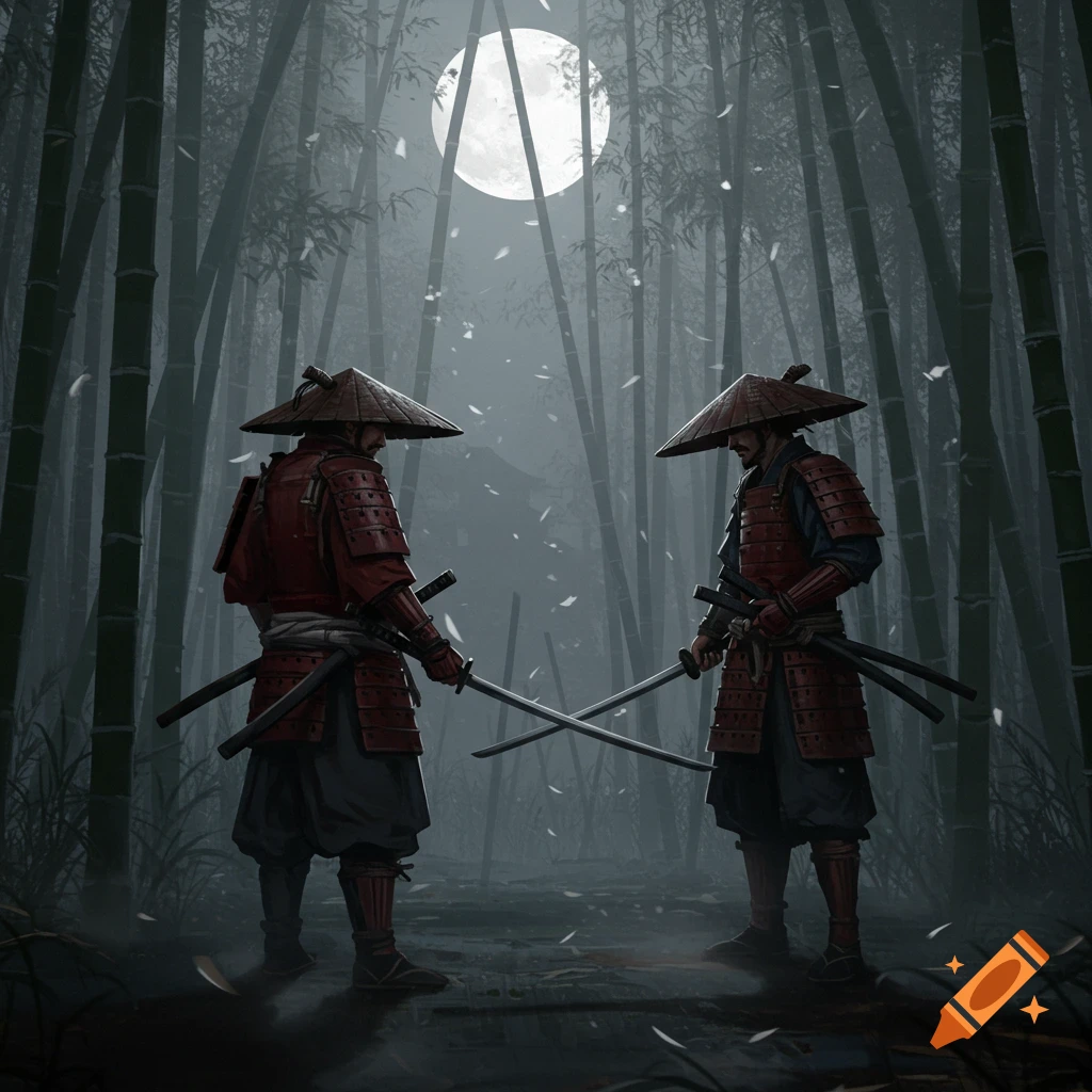 Two samurais in red armor and conical hats stand facing each other in a misty bamboo forest under a large full moon, holding katanas.