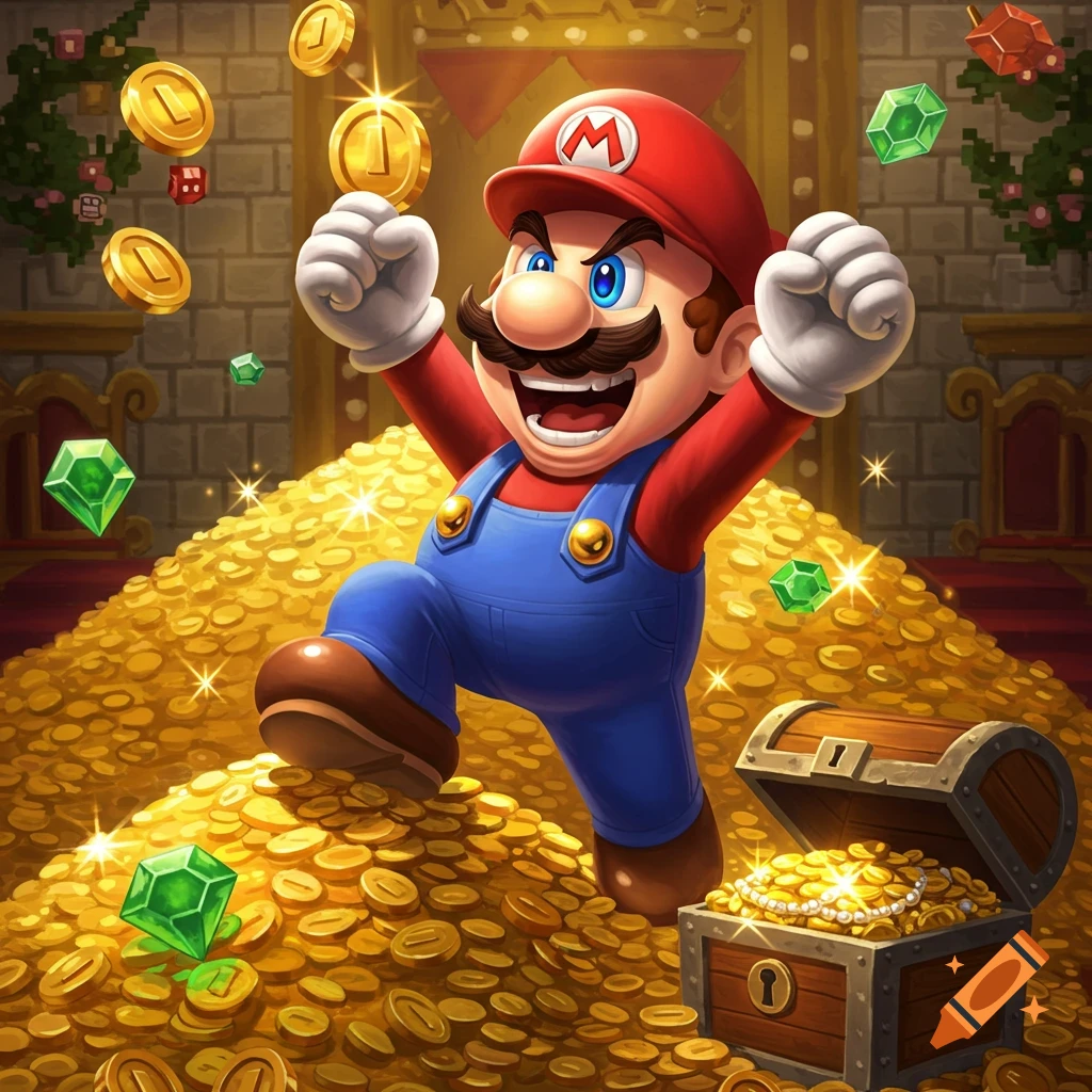 Vibrant cartoon of Mario standing triumphantly on a massive pile of shimmering gold coins and gems, with an open treasure chest nearby.