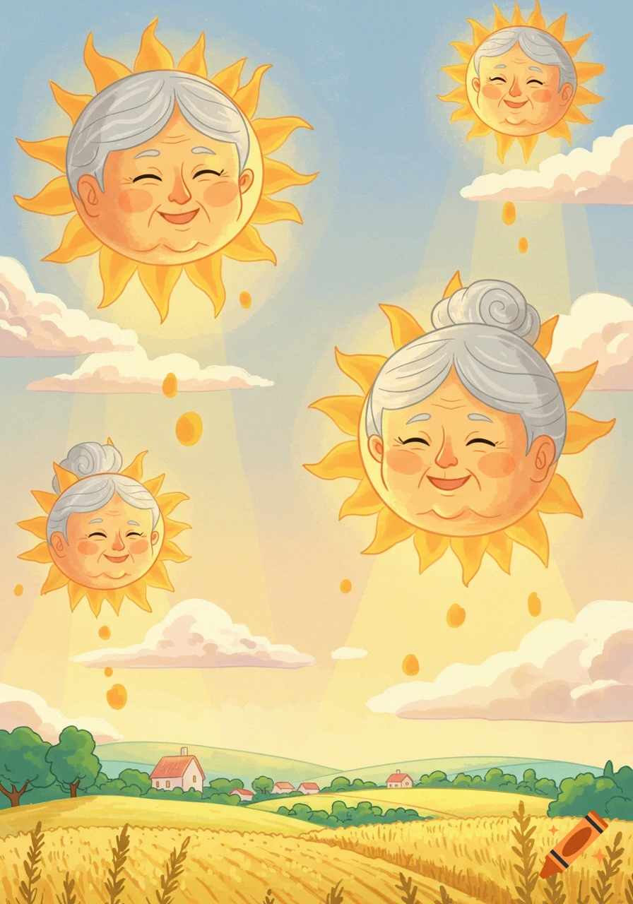 Cartoon illustration of four smiling suns with grandma faces shining over a golden wheat field and village.