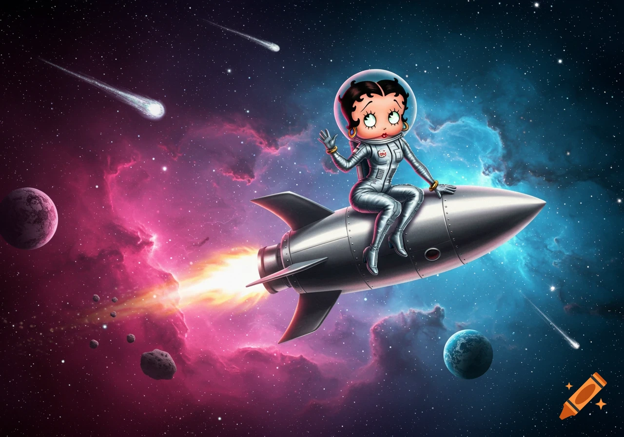 Betty Boop in a silver astronaut suit rides a rocket through a vibrant pink and blue nebula, past planets and comets.