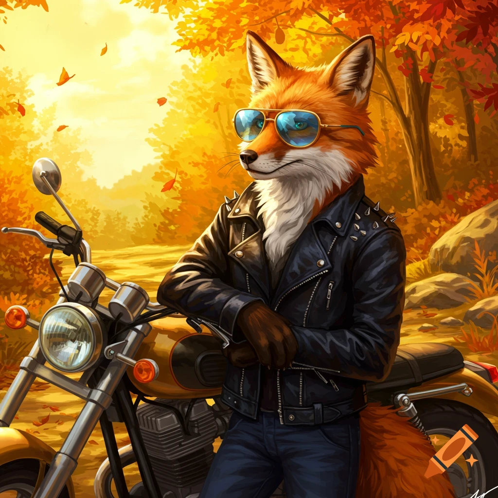 A cool fox in sunglasses and a black leather jacket leans on a yellow motorcycle in an autumn forest.
