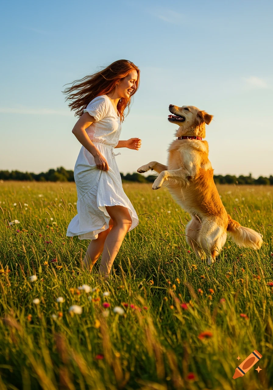 A woman in a white dress plays with a golden retriever in a sunlit grassy field.