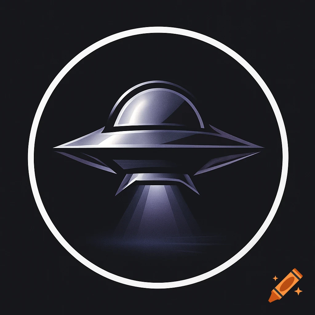 A stylized metallic UFO with a purple light beam, centered in a white circle on a dark background.