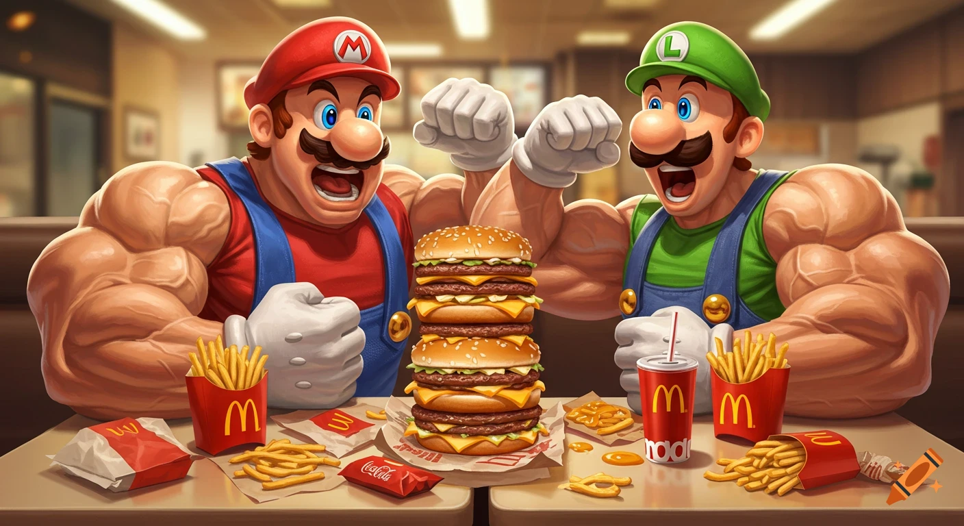 Buff Mario and Luigi happily eating a huge stack of burgers, fries, and drinks at McDonald's, cartoon style.